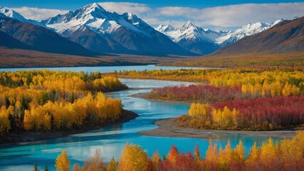 Breathtaking view unfolds of serene river winding through vibrant, autumn-colored forest. Majestic, snow-capped mountains stand tall in background under clear blue sky.