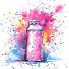 Artistic watercolor depiction of a pink aerosol can with an explosion of colorful powders, suitable for vibrant advertising backgrounds