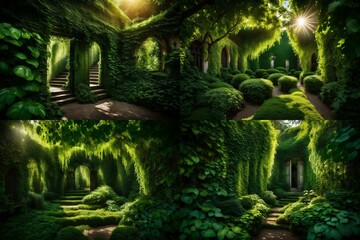 A secret garden shrouded in vines and foliage, where the play of light and shadow paints a mesmerizing tapestry of green