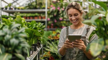 Young Adult Woman, Tablet at Work, Checking and Maintaining Plants in Garden Center