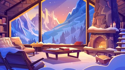A chalet living room with a winter mountain view from the window. Modern cartoon of a house interior featuring an old stone fireplace, rustic tables, armchairs, sofa, books and candles on shelves,