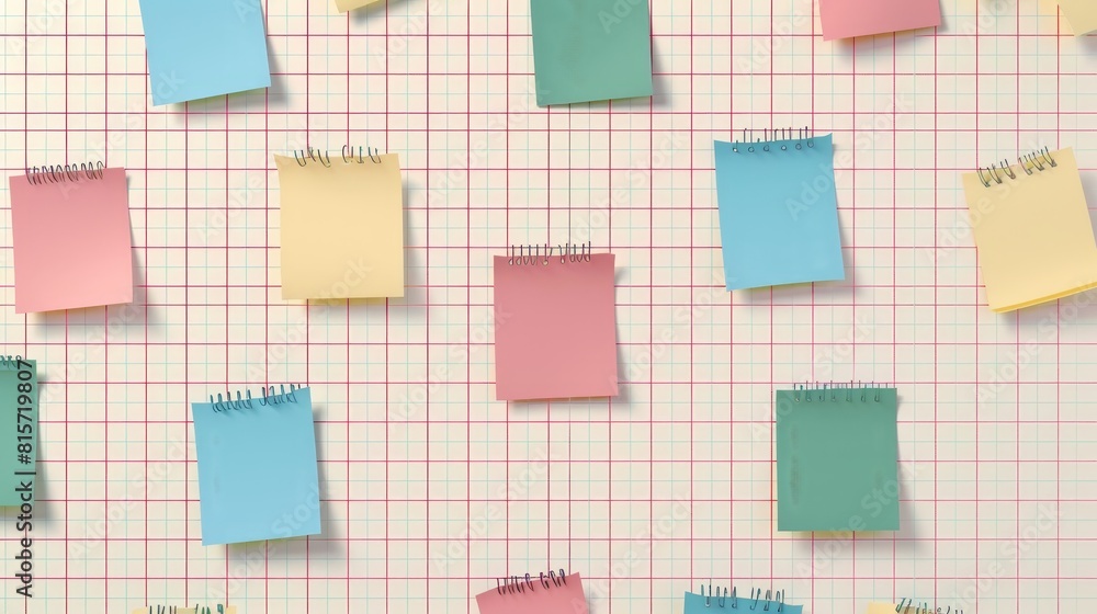 Poster an empty notebook sheet with a line, dots, and checkered texture, and yellow sticky writing statione