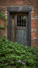Rustic wooden door with small window set into weathered brick wall, surrounded by creeping ivy, overgrown greenery. Doors aged wood, marked by time, contrasts with red bricks.