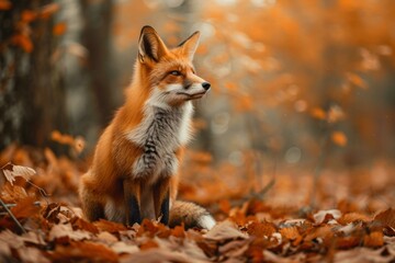Fototapeta premium Beautiful red fox sits among fallen leaves in a vibrant autumn forest
