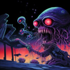 A monster with glowing red eyes is eating a keyboard