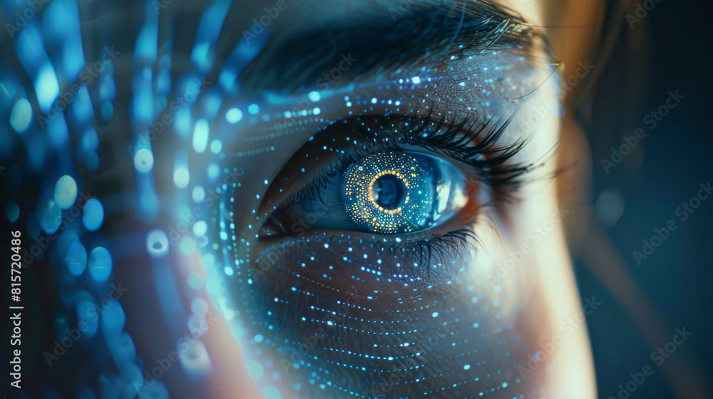 Poster close-up of facial recognition technology scanning face for security verification.