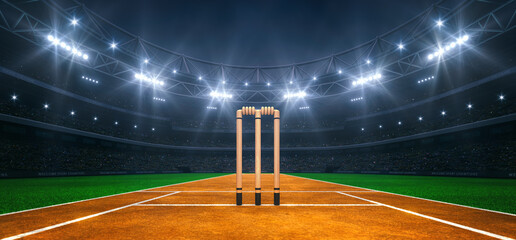 Modern sport stadium at night and cricket field with wicket ready for the match. Professional sports background for advertisement. © LeArchitecto