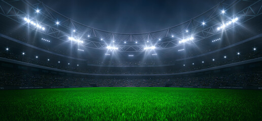 Modern sport stadium at night and soccer or football field ready for the game. Professional sports background for advertisement.