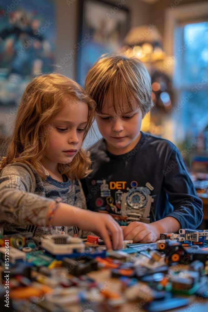 Poster children building a robot from a robotics kit, following instructions