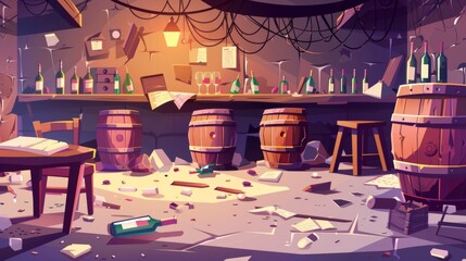 In this cartoon illustration of an abandoned wine cellar you will see a broken wooden barrel, tables and chairs, broken glass bottles, garbage, cobwebs and a bunch of garbage piled up on the floor.