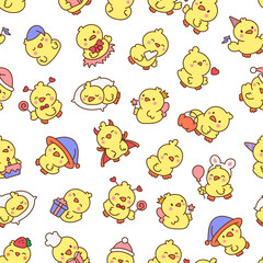Cute kawaii little chick. Seamless pattern. Cartoon baby farm birds characters. Hand drawn style. Vector drawing. Design ornaments.