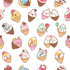 Cute kawaii ice cream characters. Seamless pattern. Cartoon sweet smiling dessert. Hand drawn style. Vector drawing. Design ornaments.