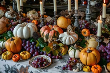 Bountiful autumn table setting featuring a variety of pumpkins, grapes, and candles
