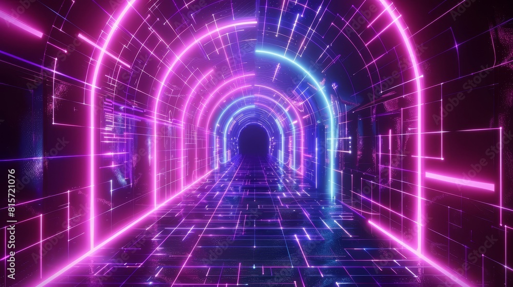 Poster an 80s night disco floor with a door, neon synthwave game background with arch and retro grid. retro