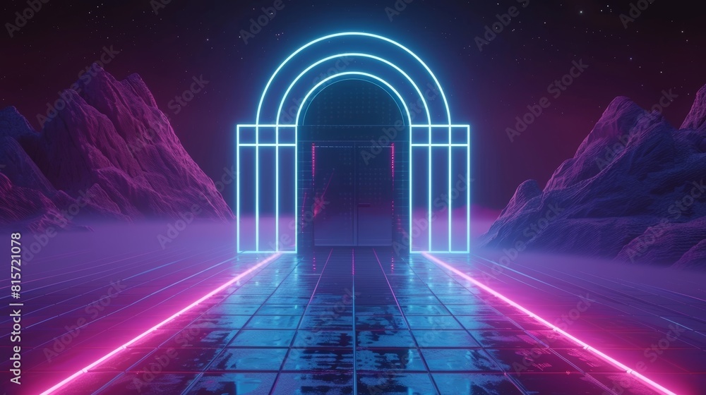 Aufkleber game background with neon synthwave arch and retro grid. vaporwave abstract in cyber space with gate