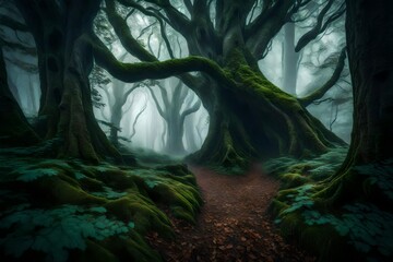 A dense, mysterious forest shrouded in mist, with towering ancient trees and a winding path that...
