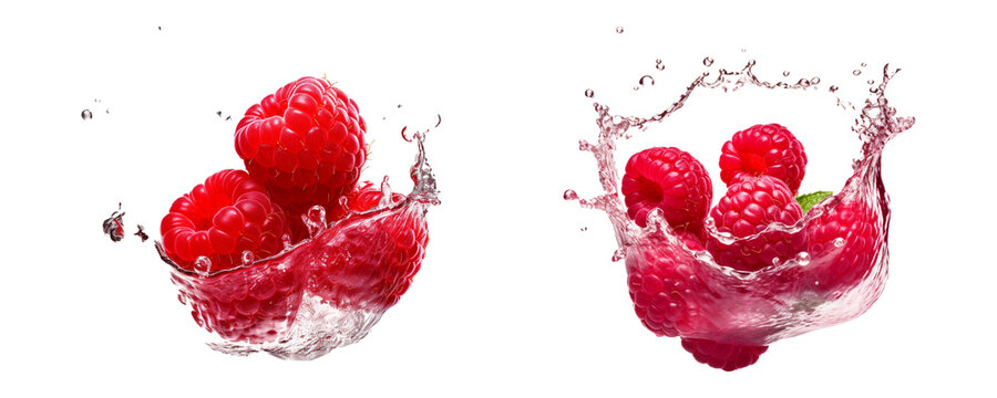 Rasberry fruit with fresh water splashes, high quality transparent image