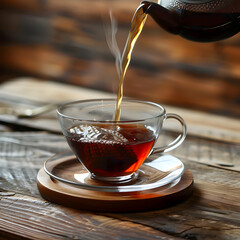 Pouring black tea into glass cup on wooden table.