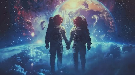 two astronaut holding each other hand in beautiful space scenery