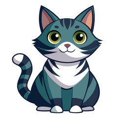 Cartoon cat with green eyes sitting on white background