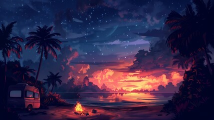 Coastal beach with night campfire in rv car. Camp motorhome in summer. Tropical summer scene design with palm tree and stars in sky.