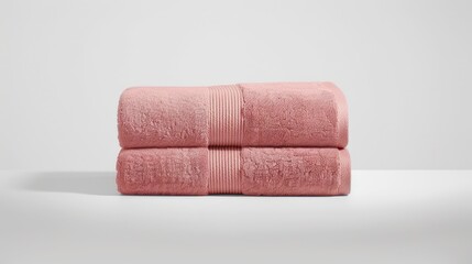 two blush stacked towels, viewed from an overlooking angle against a pristine white background, exuding luxury and comfort in bathroom decor.