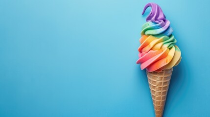 Rainbow soft serve ice cream cone against a blue background.