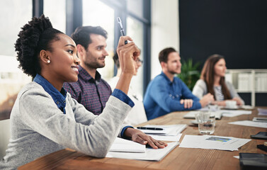 Black woman, team diversity and raising hand for question in boardroom, office and workspace for...