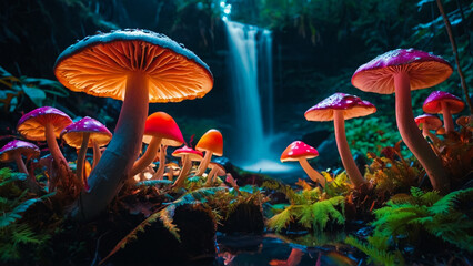 Fantasy magical Mushrooms glade in enchanted fairy tale dreamy elf Forest, fairytale rose flower garden and butterflies on mysterious background,
