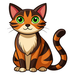 Cartoon cat with green eyes on white background, mediumsized felidae