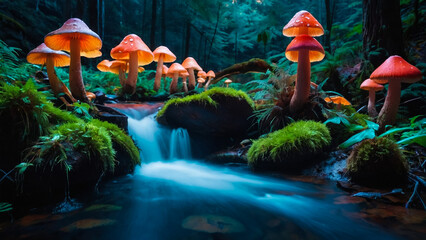 Fantasy magical Mushrooms glade in enchanted fairy tale dreamy elf Forest, fairytale rose flower garden and butterflies on mysterious background,
