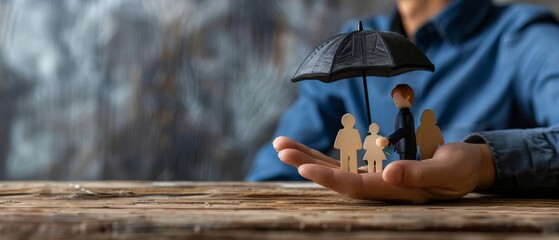 An image of a hand holding an umbrella over a family figurine, illustrating protection and family insurance, on a neutral background