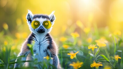 Naklejka premium Playful lemur wearing sunglasses in a sunny flower field