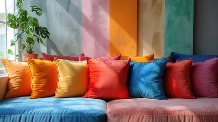 Vibrant velvet pillows on a sofa against a colorful textured wall. Interior design photography.