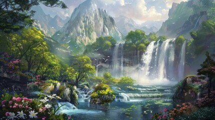 Beautiful View of waterfalls in medieval world, digital art style