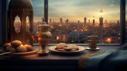 A beautiful iftar table is set with a copper teapot, a plate of cookies, and a lantern - Powered by Adobe