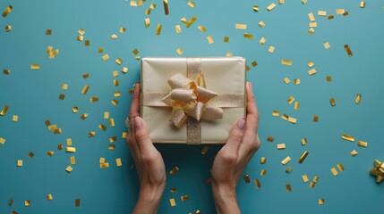 Hands holding a gold-wrapped gift box with golden ribbon and bow against