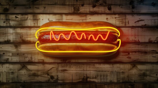 Neon hot dog sign on a rustic wooden wall background. Retro diner and fast food advertising