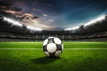 A soccer ball on a green field in soccer football stadium