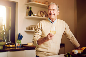 Happy, old man and wine glass in kitchen for cooking, retirement and nutrition or dinner. Elderly...