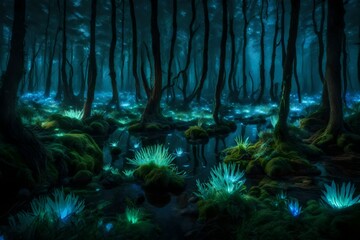 Fototapeta na wymiar An otherworldly forest filled with bioluminescent plants, creating an ethereal and calming ambiance.