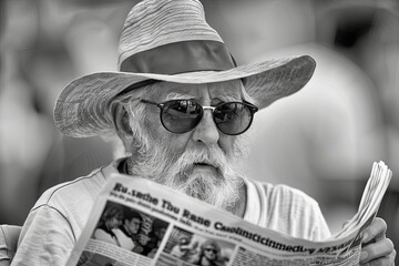 Elderly man reading newspaper in sunlight with elegant hat and sunglasses