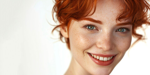 young happy red head woman short hair skin care beauty skincare cosmetics concept white background copy space