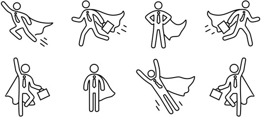 Superhero business pictogram man line icon set. Superhero businessman flying outline figure. Victory worker, employer pictogram person. Vector illustration