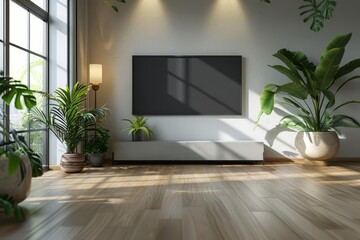 Design a modern living room interior with a large blank TV screen on the wall