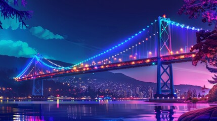 Obraz premium A bridge with lights on it is lit up at night