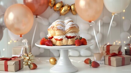 Strawberry cream puff displayed on white cake stand with balloons and gift boxes. AI Generative