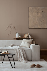Warm and cozy living room interior with modular sofa, beige wall, carpet, glass coffee table,...
