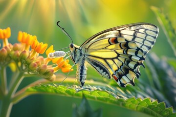 Fototapeta premium A beautiful yellow butterfly with black and red markings is perched on a flower