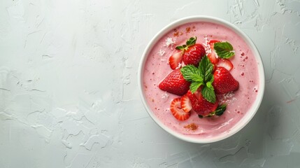 Strawberry Smoothie Bowl Shown from an Overhead Perspective